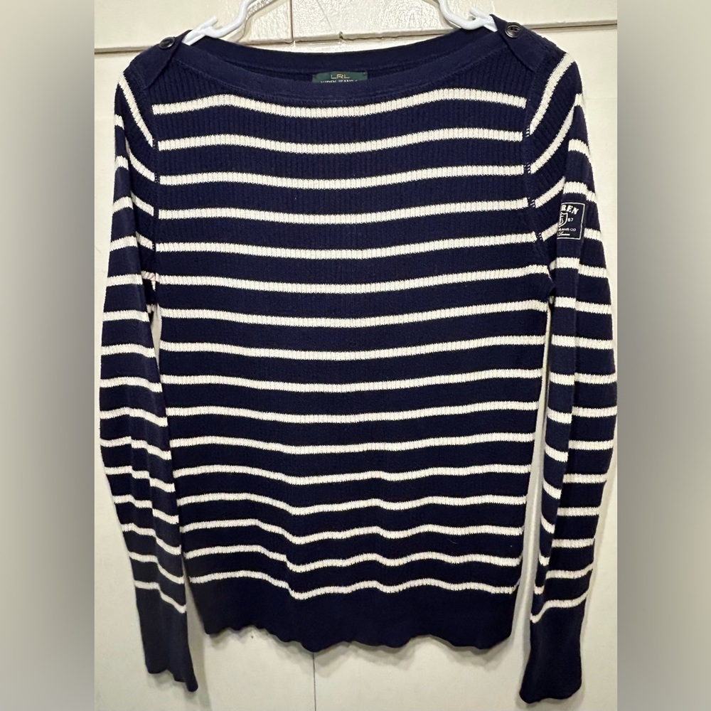 VINTAGE Lauren Ralph Lauren Navy Blue & White Striped Sweater - Size Medium